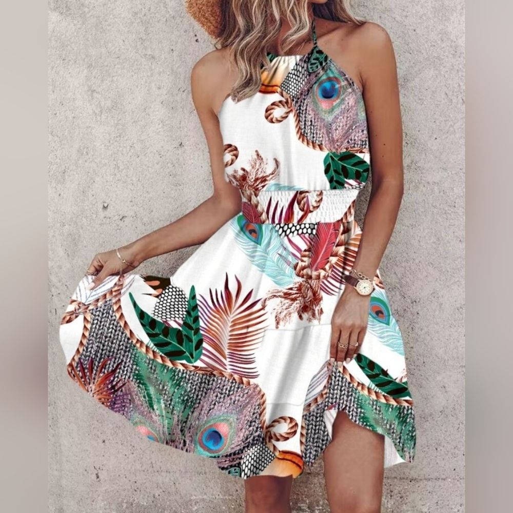 Paisley Print Halter Neck Cinched Waist Mini Dress Sz S M L Xl 1x